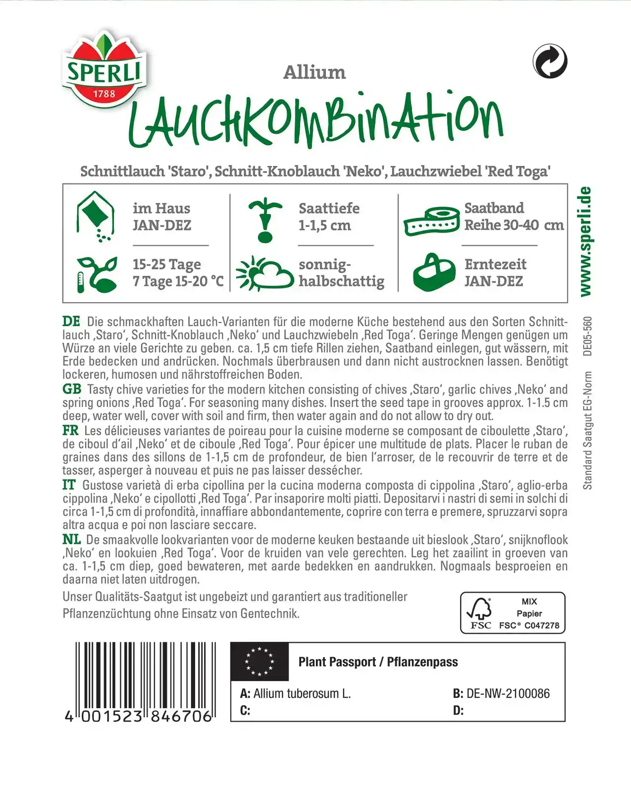 Schnittlauch "Lauch-Kombination" 5m Saatband